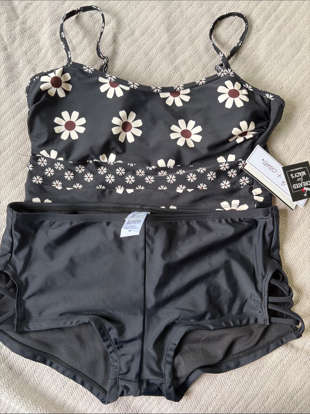 Salt + Cove Black Daisy Print Tankini with Boyshorts